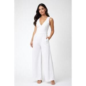White Minimalist Wide Leg Jumpsuit | Deep V Neck | Modern Bridal Chic